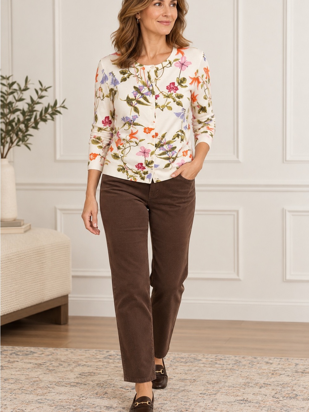 Lands’ End Women’s Sz XS 2-4 Supima Cotton Cardigan Floral Button Front Sweater